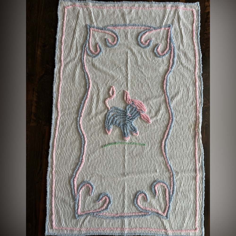 Handhooked Chenille Rug Runner with Pink & Blue Trim